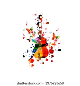 Colorful guitar with music notes isolated vector illustration design. Music background. Guitar poster with music notes, music festival poster, live concert events, party flyer