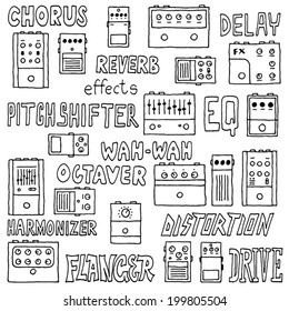 Colorful guitar pedals. Hand drawn. Vector illustration.