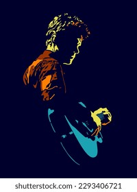 Colorful guitar player. Pop art and line art vector illustration.