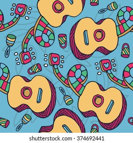Colorful guitar and rattle seamless pattern