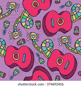 Colorful guitar and rattle seamless pattern