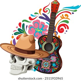 Guitarra colorida, caveira e ilustração sombrero