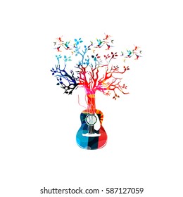 Colorful guitar with treetop and hummingbirds. Music instrument background vector illustration. Design for poster, brochure, invitation, banner, flyer, music concert and music festival