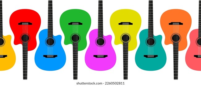 Colorful guitars in a row on a white background, flat style musical horizontal vector background.