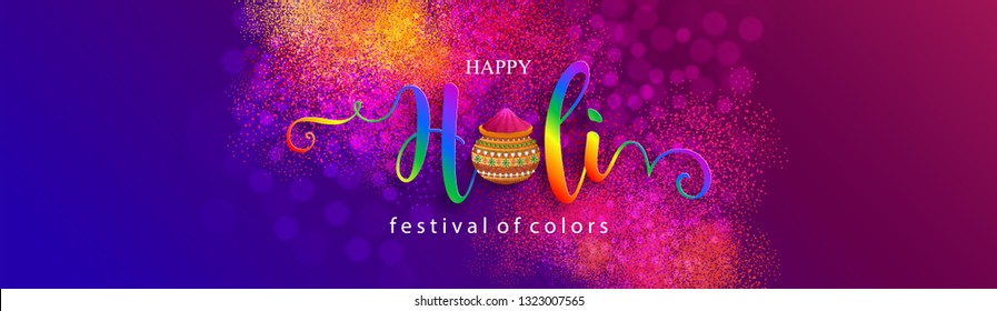 Colorful gulaal (powder color) indian festival for Happy Holi card with gold patterned and crystals on paper color Background. 