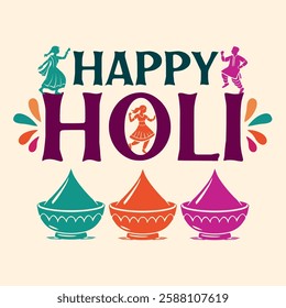 Colorful gulaal (powder color) Indian festival for Happy Holi card with dancing people and festive elements on vibrant background.	