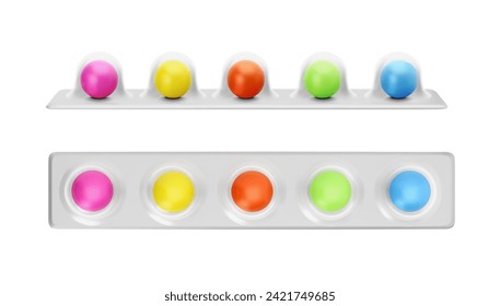 Colorful gumballs or chewing candies set inside and out of packaging, realistic vector illustration isolated on white background. Bubble round colorful gum pads mockup.