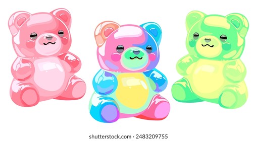 Colorful gummy bears. Jelly bear fruit gummies. Vector isolated illustration.