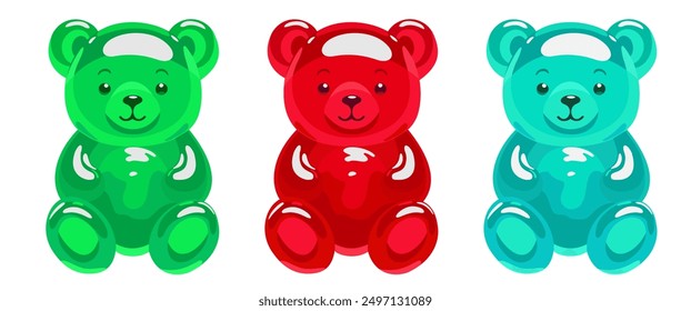 Colorful gummy bears. Jelly bear fruit gummies. Vector isolated illustration.