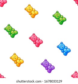 Colorful gummy bears seamless pattern. Bright jelly sweets vector background isolated on white.