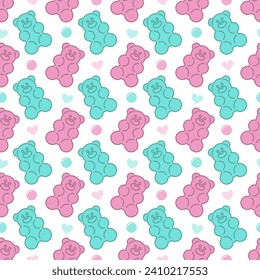 Colorful gummy jelly bears, vector seamless pattern. Cartoon illustration in white background