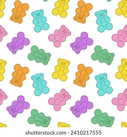 Colorful gummy jelly bears, vector seamless pattern. Cartoon illustration in white background