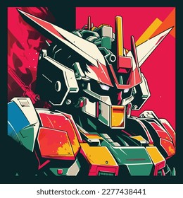 colorful gundam robot 80s  illustration