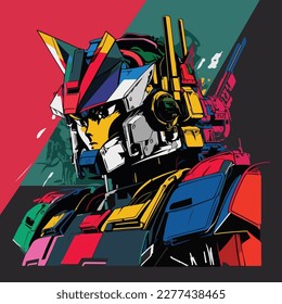 colorful gundam robot 80s  illustration