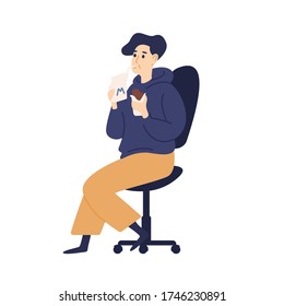 Colorful guy drink milk with straw and eat chocolate sitting on armchair vector flat illustration. Hungry man enjoying soft beverage and snack isolated on white. Male having mealtime or break