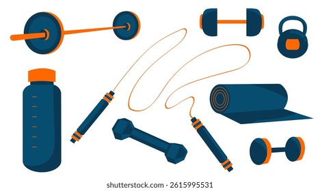 Colorful Gym Equipment Vector Set – Flat Fitness Icons for Training and Wellness