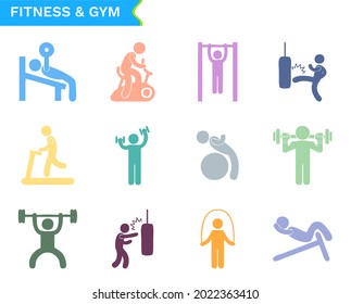 Colorido gimnasio, icono de vector plano sobre fondo blanco. Conjunto de 12 iconos vectoriales
