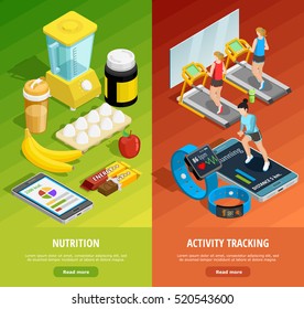 Colorful gym isometric vertical banners with healthy lifestyle activities and proper eating vector illustration