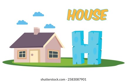 Colorful H for House vector illustration for preschool learning, ABC worksheets, and kindergarten spelling. Perfect for educational banners, handwriting practice, and school activities!