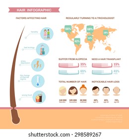 Colorful hair infographic about the problem of hair loss. Template with simple data, easy editable. Vector illustration in flat style. 