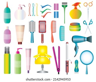 Colorful hair styling tools kit set isolated on white background. Accessories, shampoo, comb, hair curler, hairdryer, hair straightener, hairbrush, hairspray, mirror, hairpins ecc.