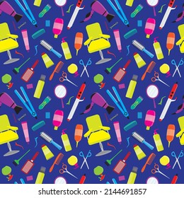 Colorful hair styling tools kit collection seamless pattern. Accessories, shampoo, comb, hair curler, hairdryer, hair straightener, hairbrush, hairspray, mirror, hairpins ecc.