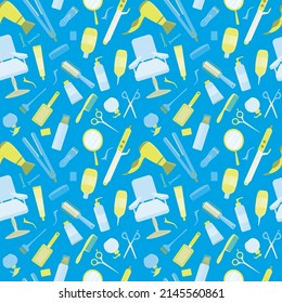 Colorful hair styling tools kit collection seamless pattern. Accessories, shampoo, comb, hair curler, hairdryer, hair straightener, hairbrush, hairspray, mirror, hairpins ecc.