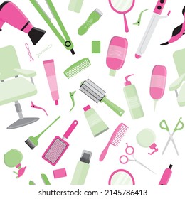 Colorful hair styling tools kit collection seamless pattern. Accessories, shampoo, comb, hair curler, hairdryer, hair straightener, hairbrush, hairspray, mirror, hairpins ecc.