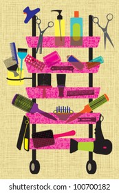 Colorful hairdresser accessories on textured background