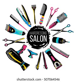 Colorful hairdresser decorative set with beauty haircut accessories and equipment with round haircut salon logo in center.