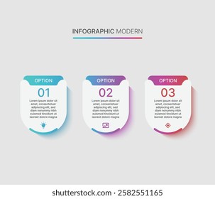 Colorful half circular timeline steps infographic template design, three steps modern circular infographic with minimalist style.