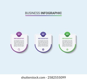 Colorful half circular timeline steps infographic template design, three steps modern circular infographic with minimalist style.
