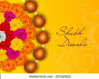 Colorful half rangoli of flowers with five illuminated oil lit lamps and stylish text of Shubh Diwali on shiny yellow background.