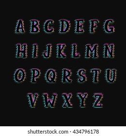 Colorful Halftone Alphabet. Halftone Font. Abstract Color Font. Halftone Letters Isolated on Black Background. Vector Illustration.