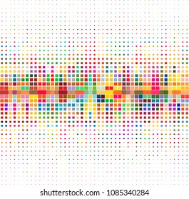 Colorful halftone background with dotted square shapes, vertical lines.