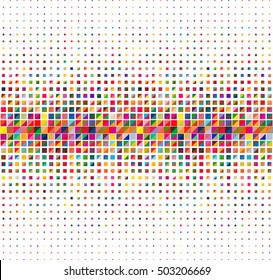 Colorful halftone background, geometric square and triangle shapes.