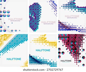 Planos de fundo coloridos de meio-tom, padrões geométricos, triângulos, pontos. Projetos modernos para projetos digitais, visuais vibrantes.