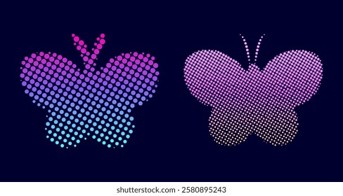 Colorful halftone butterflies on dark background.