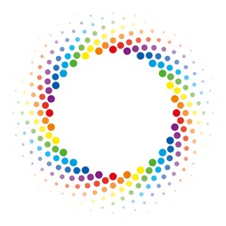 Colorful Halftone Circle Frame Vector Design Element On White Background. Halftoned Dots Flash Light With Fade Effect Of Halo. Optical Illusion Of Half Tone Swirl Rainbow Wheel