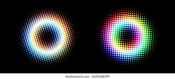 Colorful Halftone Circle Ring with RGB Glow Effect on Black Background. Abstract Digital Frame with Glitch Style for Tech, UI, or Pop Art Themes. Vector Illustration.