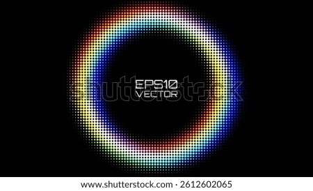 Colorful Halftone Circle Ring with RGB Glow Effect on Black Background. Abstract Digital Frame with Glitch Style for Tech, UI, or Pop Art Themes. Vector Illustration.