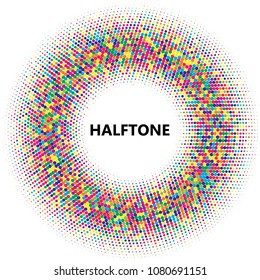 Colorful halftone circles, dots pattern, vector, grunge. Comic texture background. Monochrome half-tone. Circle halftone Dots, rainbow geometric gradient for pop art designs.