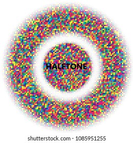 Colorful halftone circles, dots pattern, vector, grunge. Comic texture background. Monochrome half-tone. Circle halftone Dots, rainbow geometric gradient for pop art designs.