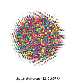 Colorful halftone circles, dots pattern, vector, grunge. Comic texture background. Monochrome half-tone. Circle halftone Dots, Yellow, red, orange, green geometric gradient for pop art designs.
