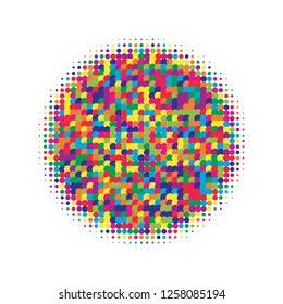 Colorful halftone circles, dots pattern, vector, grunge. Comic texture background. Monochrome half-tone. Circle halftone Dots, Yellow, red, orange, green geometric gradient for pop art designs.