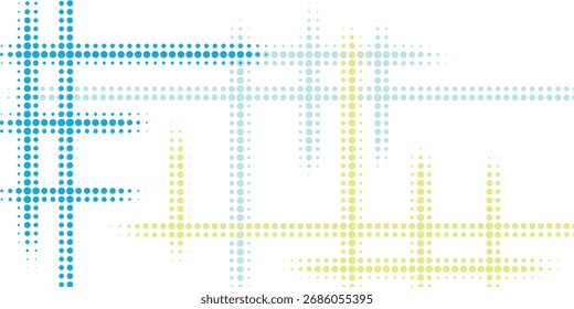 Colorful halftone cross pattern with blue and yellow dots on a white background. Abstract geometric texture perfect for digital design, modern art, and creative backgrounds.