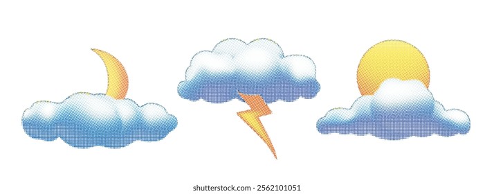 Colorful Halftone dot clouds. Cloudy Sun and moon lightning set isolated vector illustration