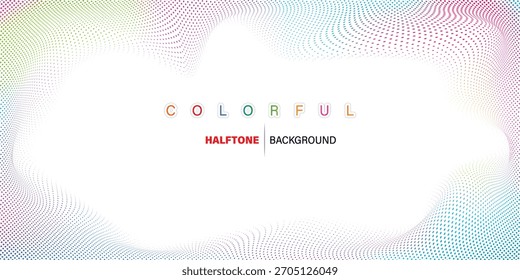 Fondo colorido del marco del punto del halftone con las ondas lisas del gradiente del arco iris que rodean un centro blanco limpio, puntos pastel vibrantes que forman un borde abstracto elegante ideal para los Anuncios del Web, presentaciones