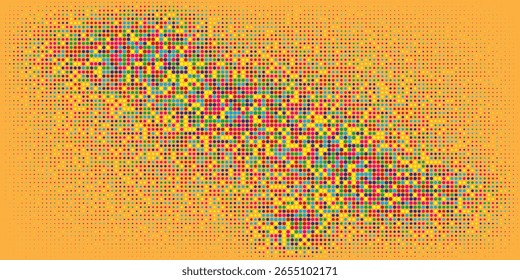 Patrón de punto de semitono colorido sobre fondo naranja con estilo de arte pop retro vibrante. Textura digital Abstractas ideal para diseño creativo, carteles y fondos.