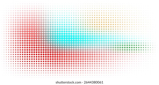 Padrão de ponto de meio-tom colorido com uma mistura radial de tons de vermelho, ciano, laranja e verde em um plano de fundo branco. Design retrô abstrato ideal para tecnologia, web, ou visuais artísticos.